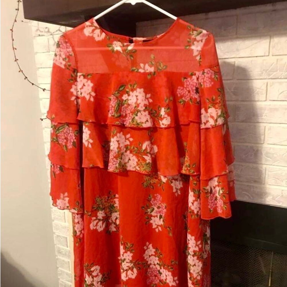 Who What Wear Orange floral ruffle dress Small